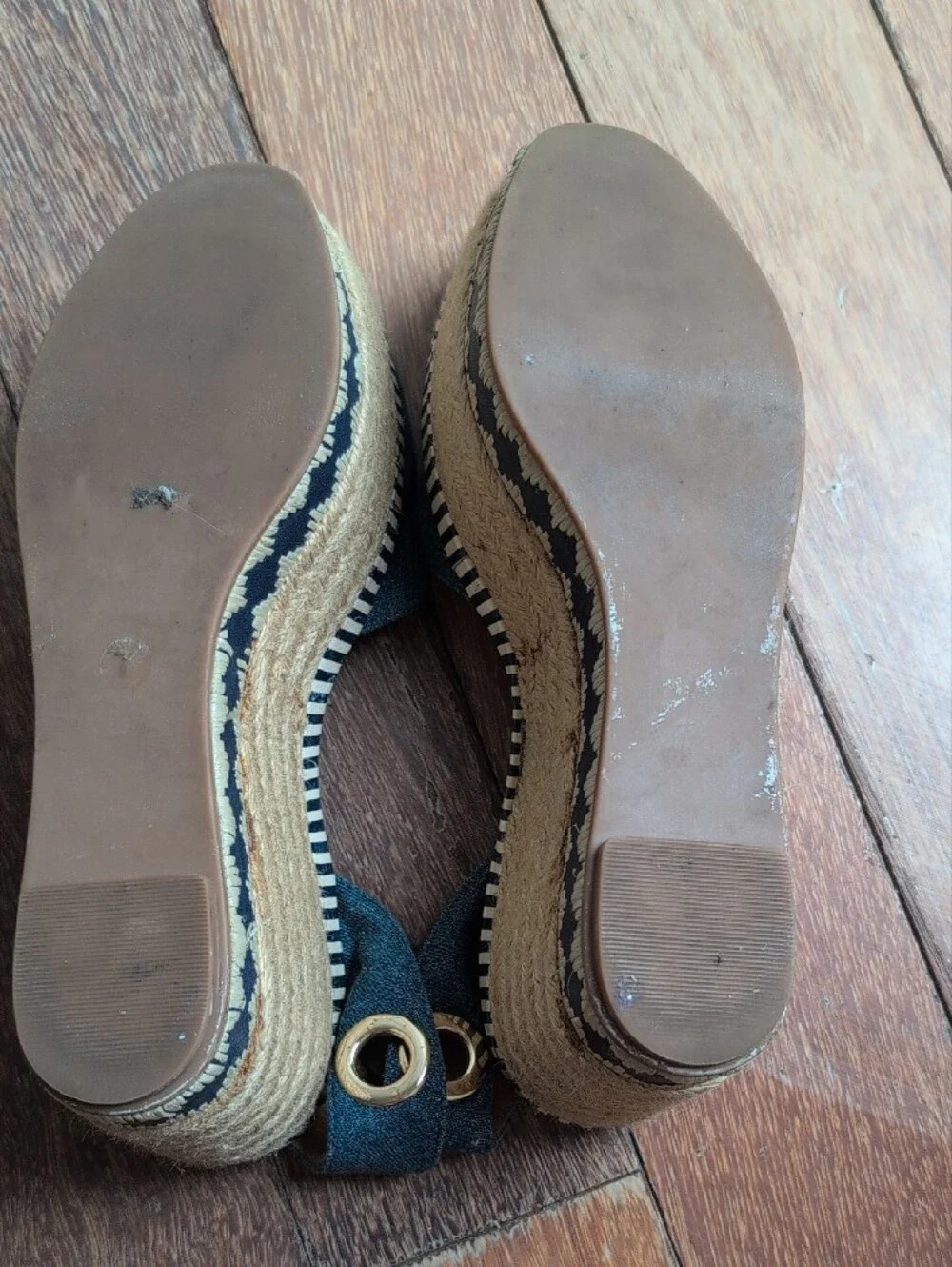 Tory Burch Blue Jean  Espadrille Wedge Sandals with Gold Accent Size 7